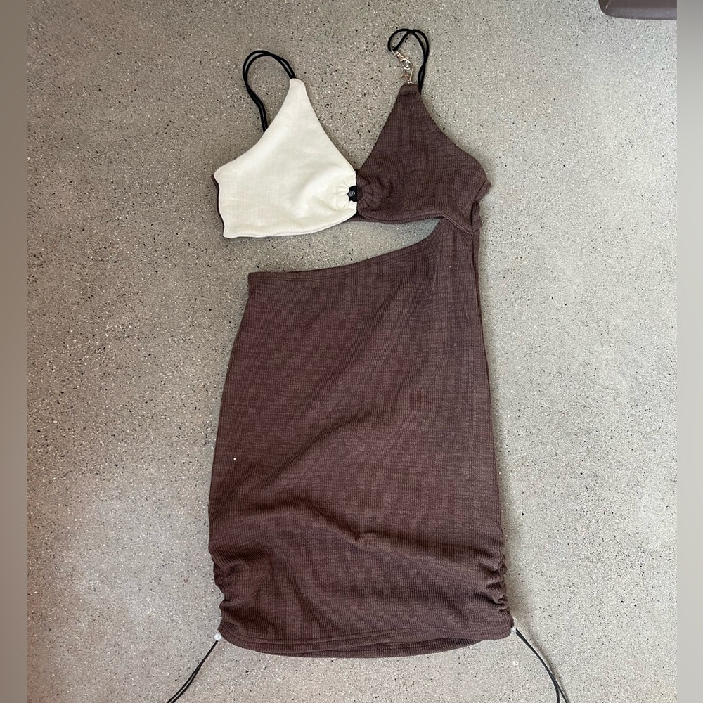 Brow and cream cut out dress